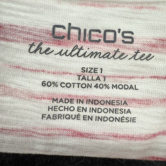 Chicos 1 The Ultimate Tee Medium V-Neck White Wavy Red Striped 3/4 Sleeve Top - Picture 4 of 8